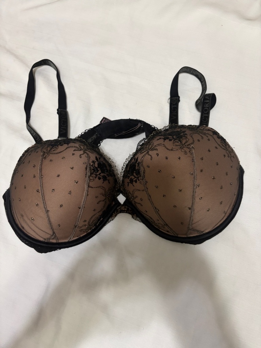 Victoria's Secret Black and Nude Embroidered Mesh Push-Up Bra